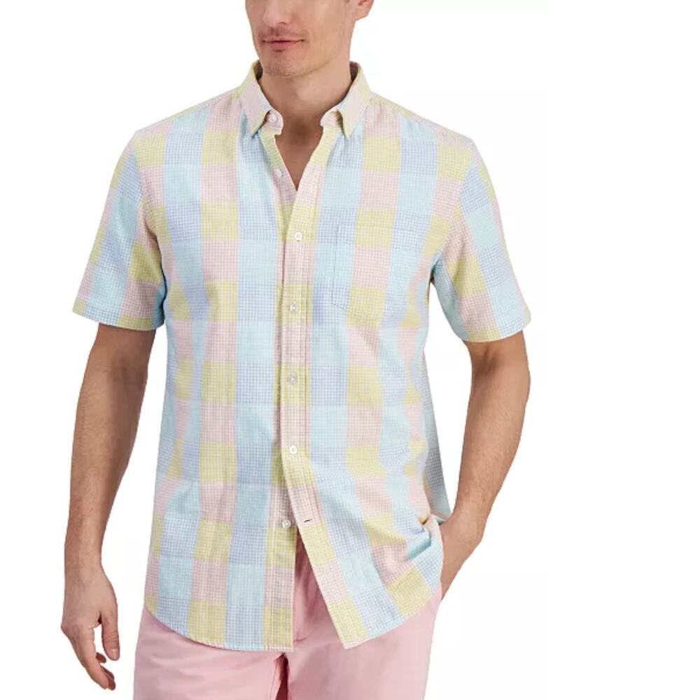 Club Room Madras Pastel Plaid Button Up Shirt Men Large Cotton Preppy Golf Dad
